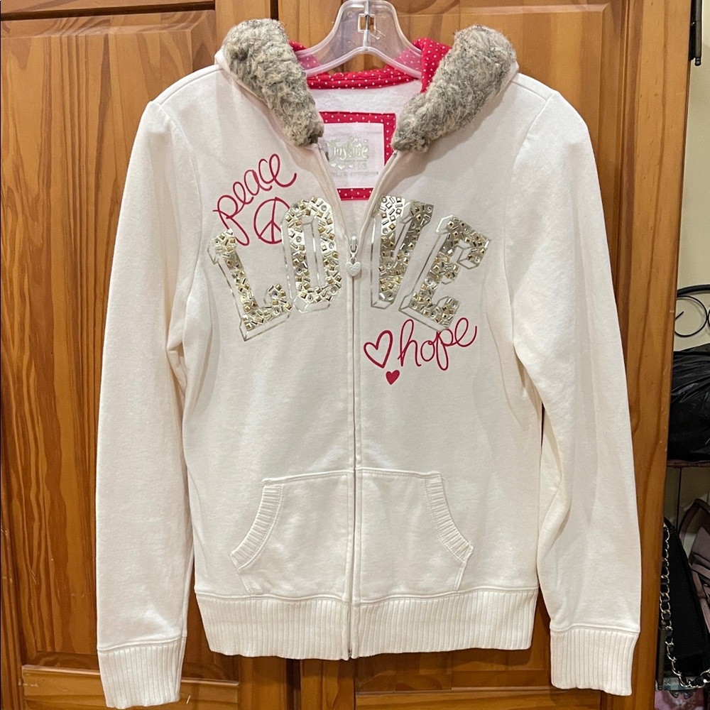 Y2K~ Justice White Hoodie with Sequin Peace Love Hope Design